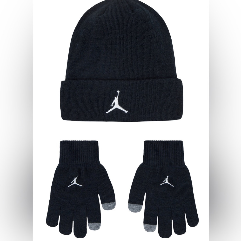 Nike UNISEX Air Jordan Jumpman BLACK 2 Set Beanie Hat -Gloves Set Kids SZ 8/20